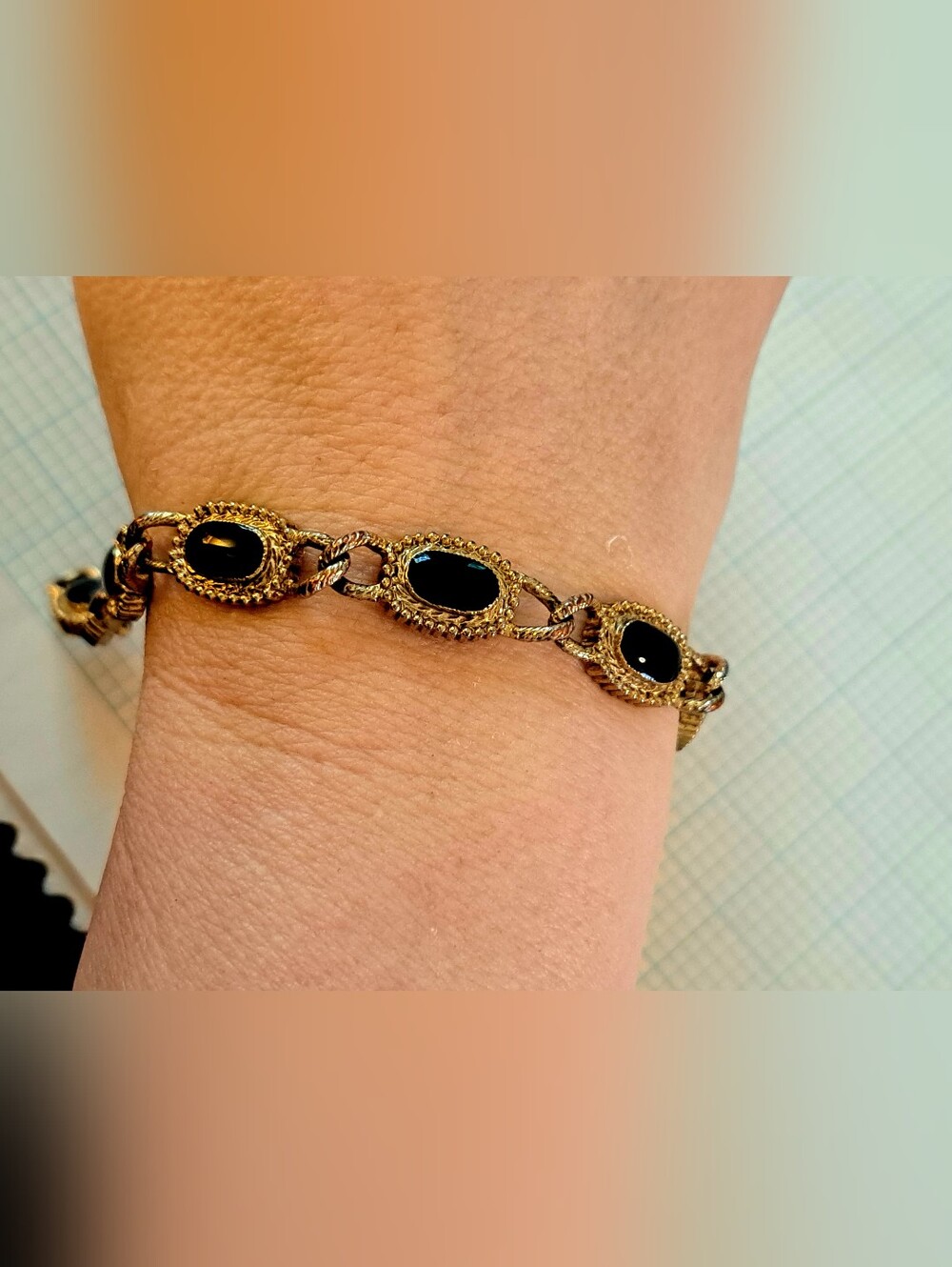 Gold Link Bracelet with Black Onyx Cabochons